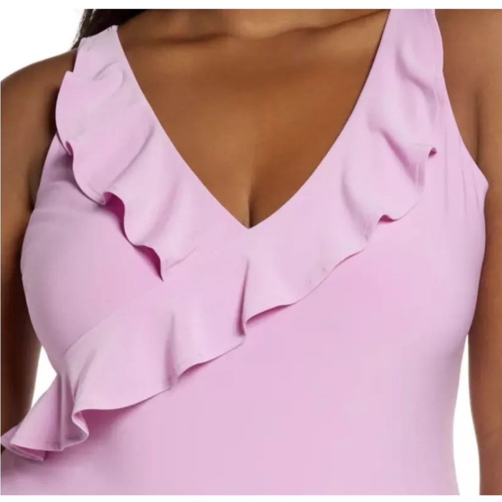 LEITH small Bodysuit Lily ruffle thong v neck tank top. Purplish pink. Stretchy